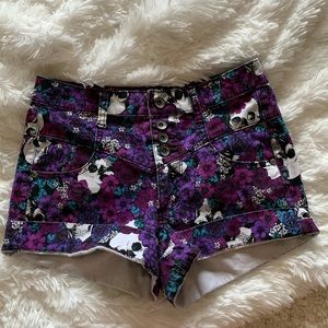 Floral and skull patterned high waisted shorts